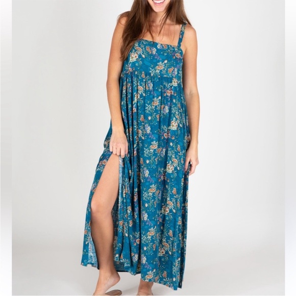 Natural Life | Patti Side Slit Maxi Dress Blue Turquoise Cream Roses New Medium - Picture 9 of 14